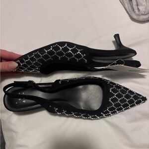 Elegant Black and Silver Women's Slingback Heels NTW Size 8.5